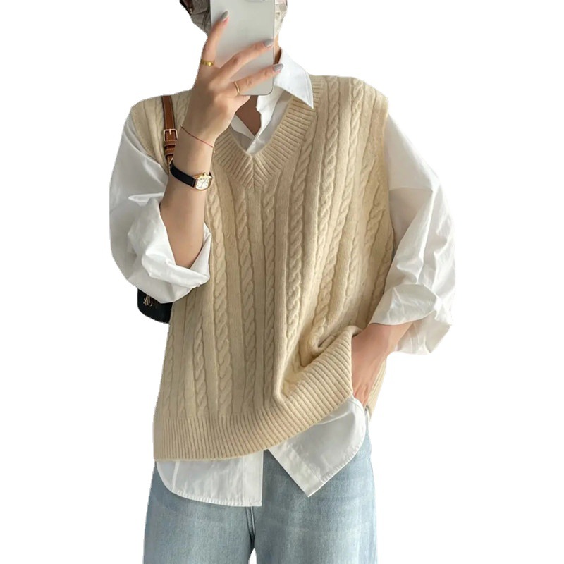 Picture of 2024 Spring and Autumn New V-Neck Twist Women's Knitted Vest Stacked with Sweater Vest Waistcoat Fashionable Top