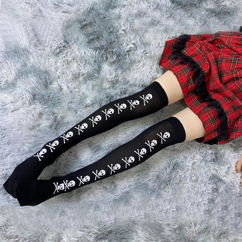 Picture of Cross Cross Cross Stockings Printing Halloween Socks Spider Web Over-the-Knee Socks Black White Lolita Stockings