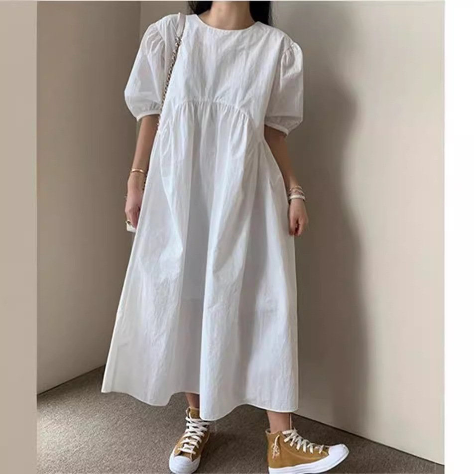 Spot! 2022 Summer Japanese and Korean Lotte New Japanese Style ins Loose Slimming Round Neck Short Sleeve Dress Women's Skirt