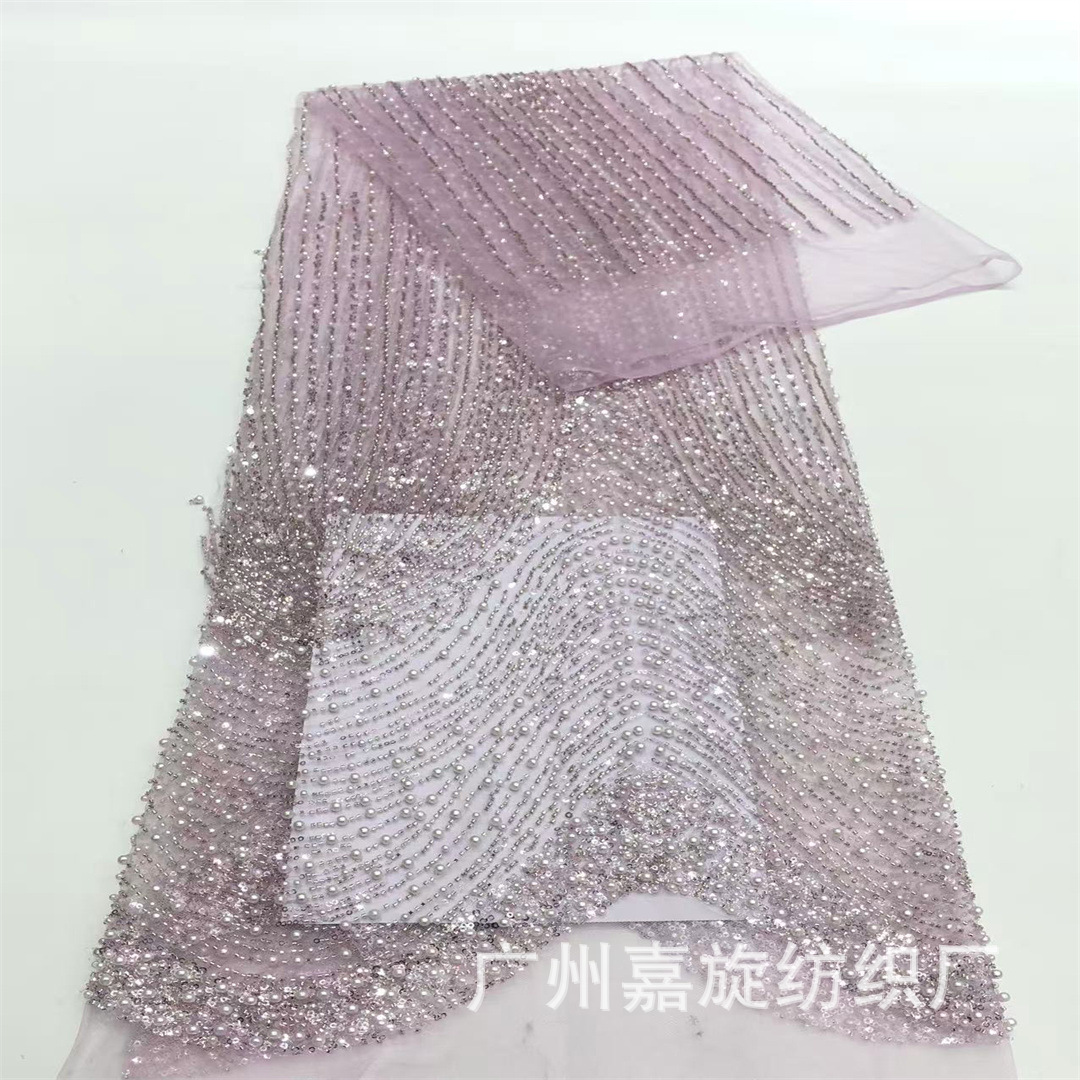 French big wave handmade beaded sequin lace fabric mesh fashion wedding dress fabric Beads lace