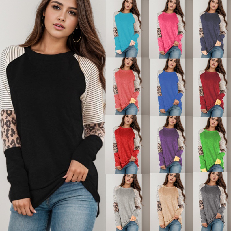 2023 European and American autumn women's new Amazon Women's leopard print color matching striped round neck long sleeve T-shirt women