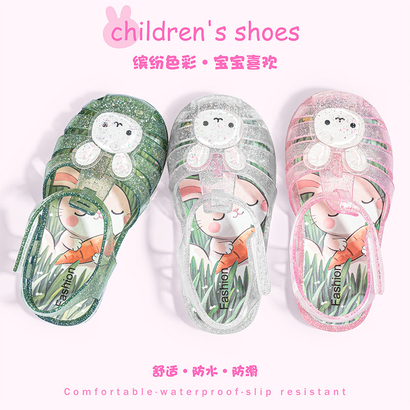 2025 Summer Cartoon Boys and Girls Sandals Children's Jelly Shoes Non-Slip Baotou Beach Shoes Roman Hollow Princess Shoes