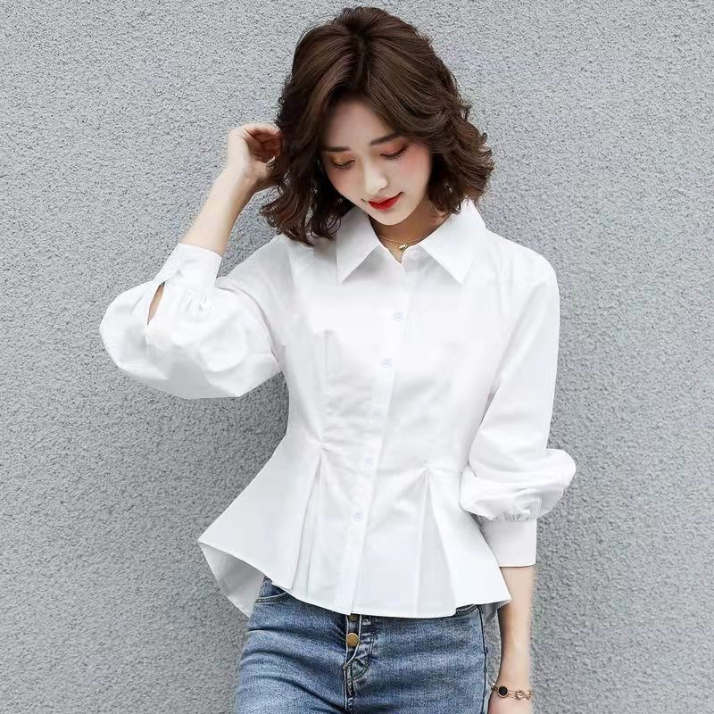 New Japanese Style Elegant Commuter Slim-Fit Cardigan Single-breasted Solid Color White Long-sleeved Shirt Top with Laps