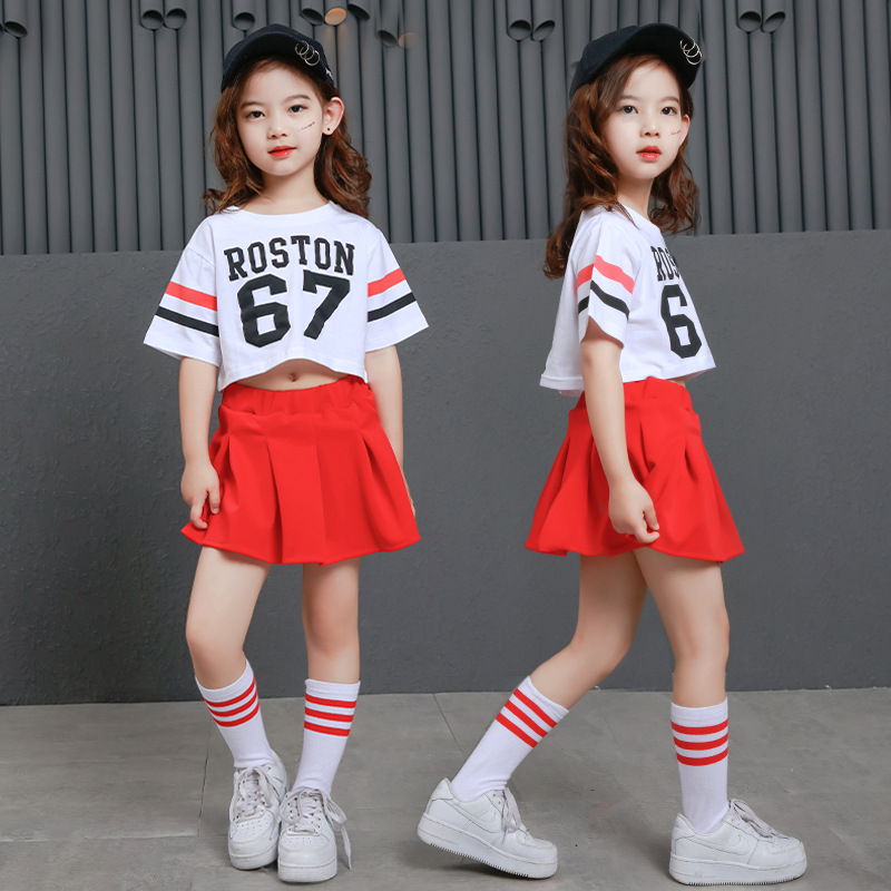 MOBN Children's Wear | 2018 Spring/Summer New Suit Girls Beautiful Hip Hop Letter Short Sleeve Bright Red Skirt Suit
