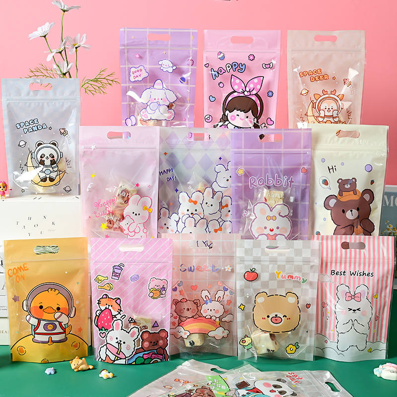 Cartoon zipper self-sealing bag cute transparent biscuit snowflake crisp packaging bag self-standing bag candy nougat sealed bag