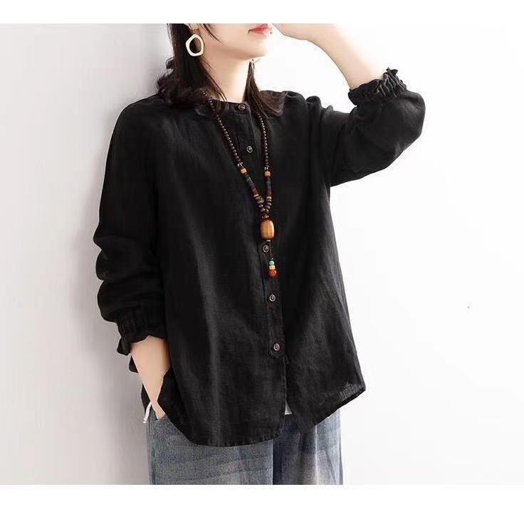 Picture of Artistic Retro 2024 Spring and Autumn Cotton and Linen Shirt Women's Loose Round Neck Shirt Jacket Casual Jacket Neck Sleeves