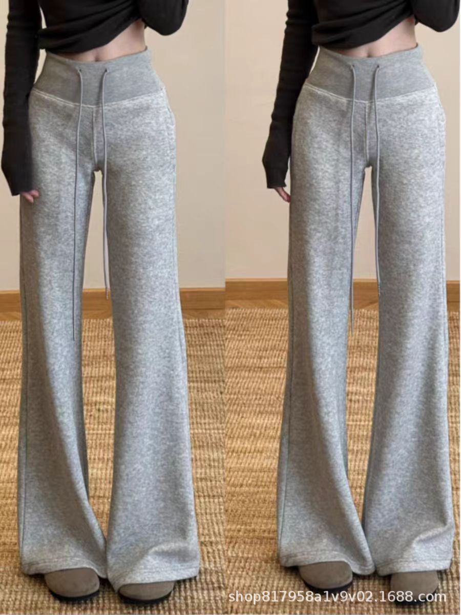 plus size Korean Style Grey High Waist Drawstring Micro Casual Pants Women's Spring New Slim-fit Slimming Wide-leg Trailing Pants
