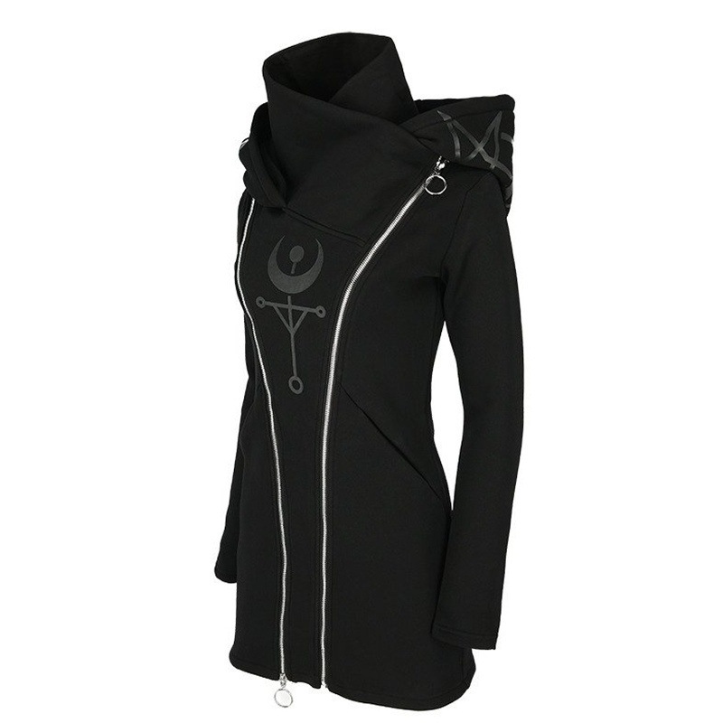 Picture of in stock 2019 European and American punk style printed long sleeve hooded double zipper long sweater