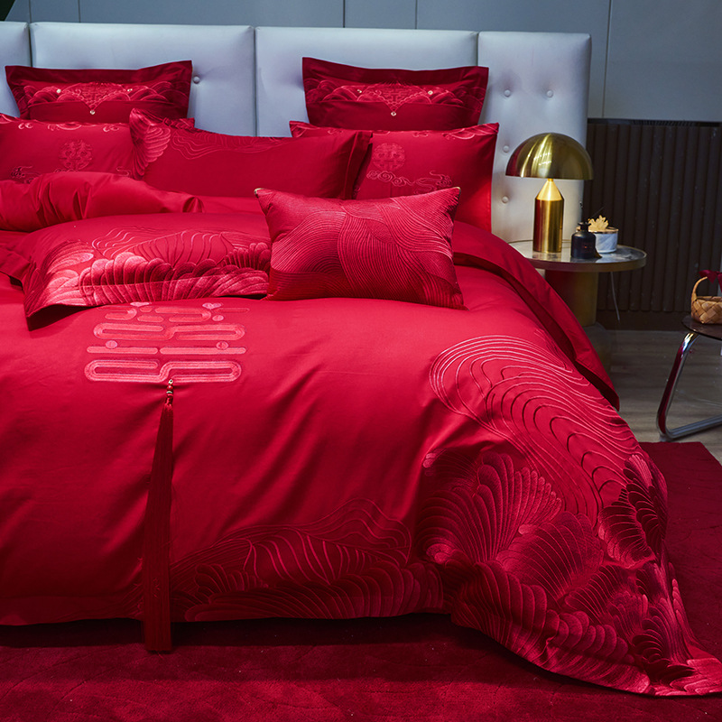 Picture of Light luxury 160 double long staple cotton red wedding wedding four-piece cotton embroidery wedding six-piece ten-piece