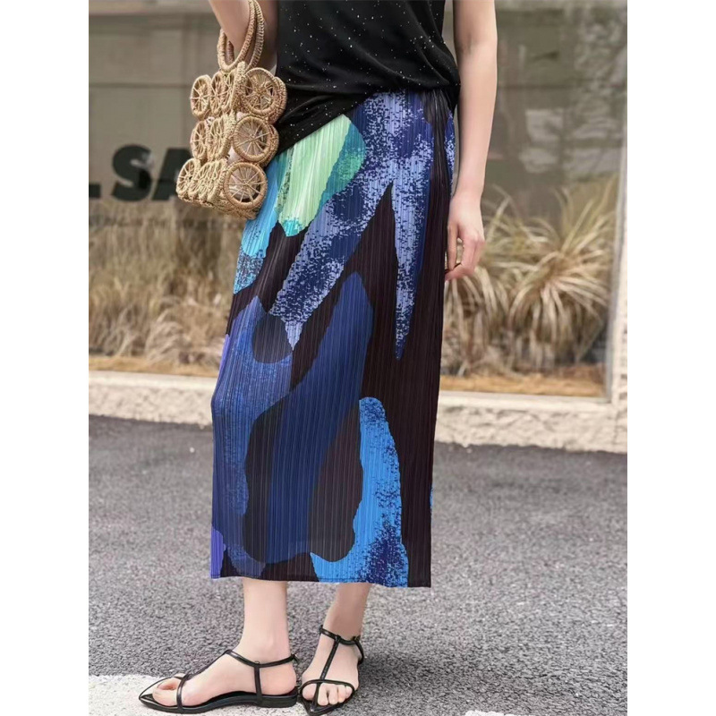 Elegant temperament! Miyake print pleated midi skirt vintage slimming versatile slit casual pencil skirt