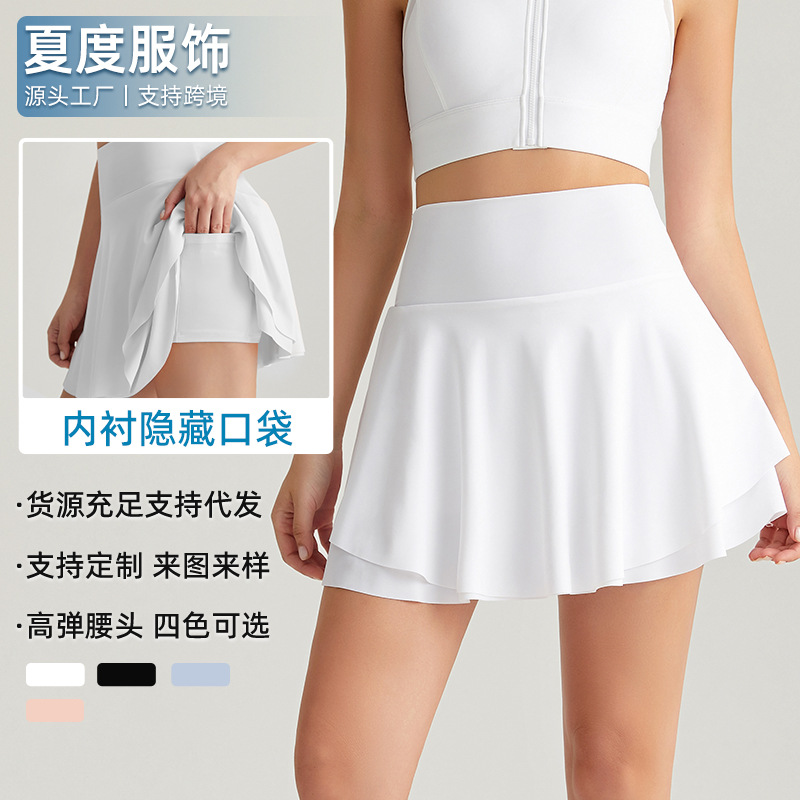 Xiadu sports short skirt, anti-exposure with pocket tennis skirt, half-skirt, faux two-piece pleated yoga fitness sports skirt pants