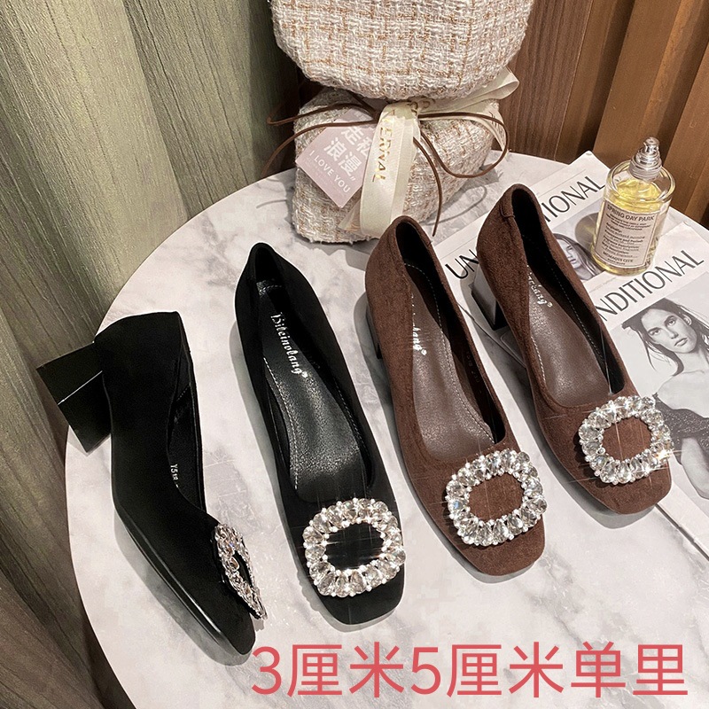 New Spring and Autumn Square Head Low Heel Shoes Women's Commuter Women's Shoes Shallow Mouth Rhinestone Square Buckle Not Tired Foot Thick Heel Shoes