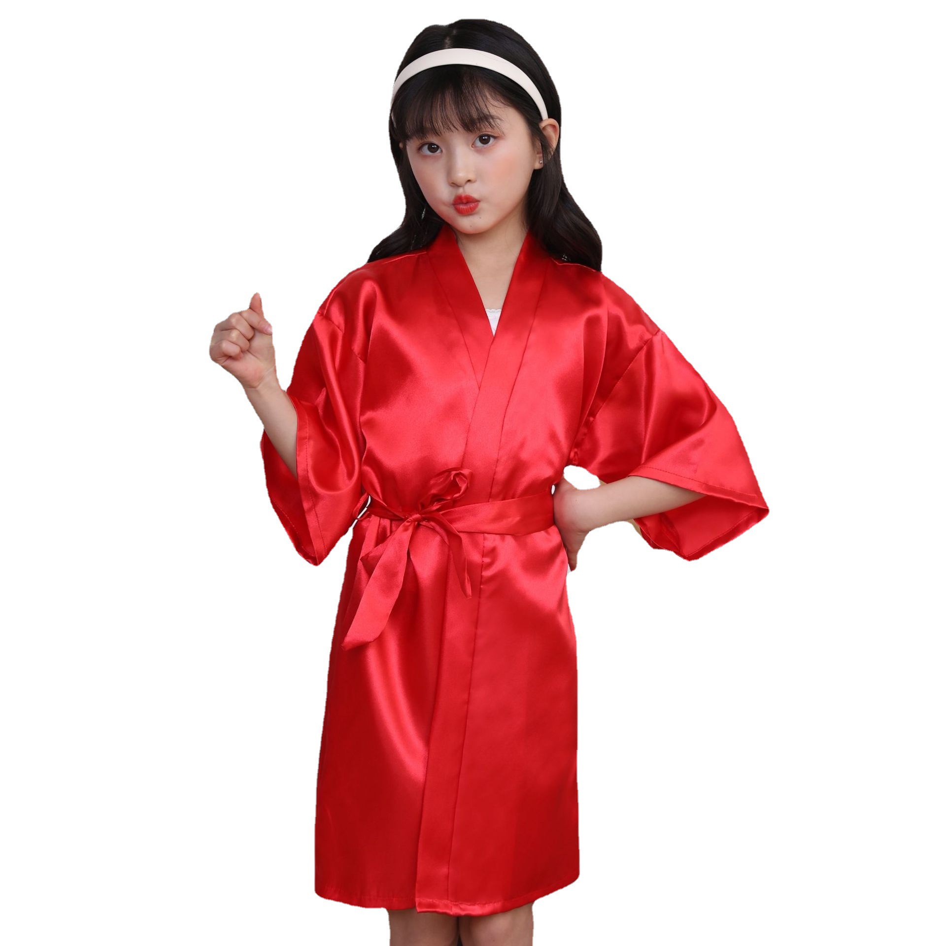 Picture of Cross-border children's solid color morning gown simulation silk nightgown skirt foreign trade satin bathrobe long cardigan kimono Amazon