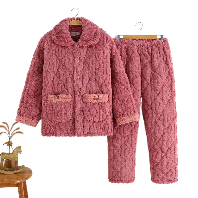 Fashionable middle-aged and elderly mom pajamas winter three-layer fleece-lined thickened quilted flannel suit home wear plus size cotton-padded jacket