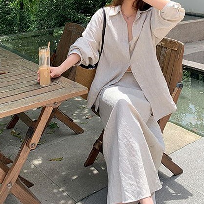 Picture of Casual suit Women's 2025 Fashion Lapel Loose Long-sleeved Shirt Spring and Autumn All-match Half-length Dress Two-piece Set