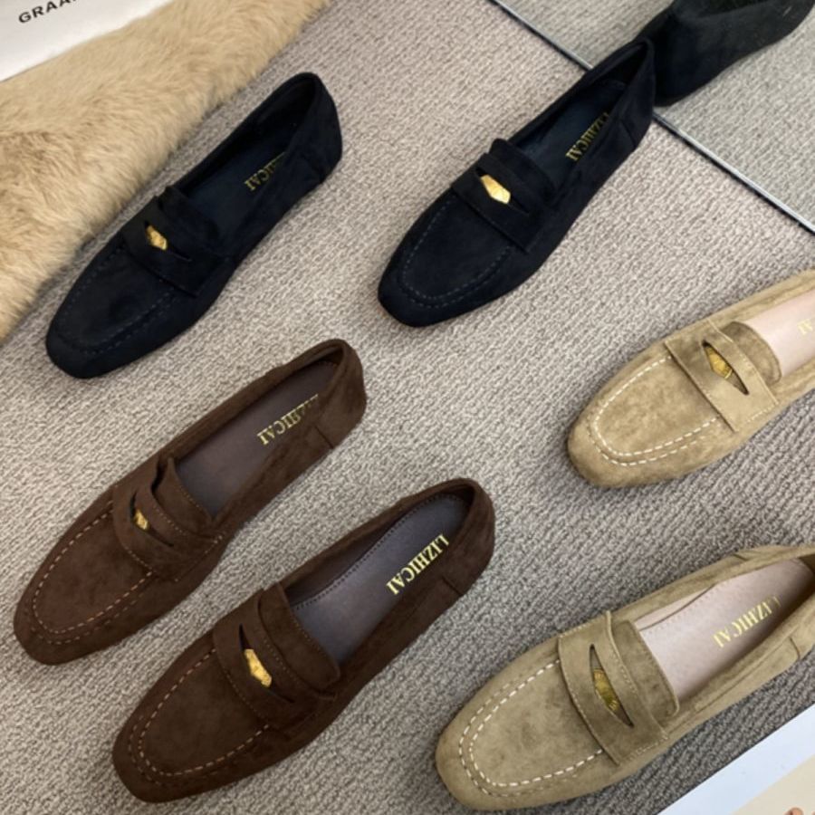 2025 Spring Small Gold Coin Loafers Women's Flat Fashion Comfortable Brown British Style Small Leather Shoes Suede Flats