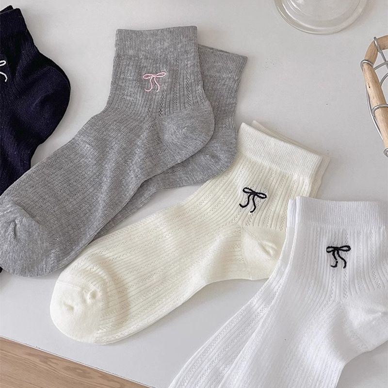 Embroidered cotton socks children's summer thin bow socks summer academic style short tube socks Zhuji socks wholesale