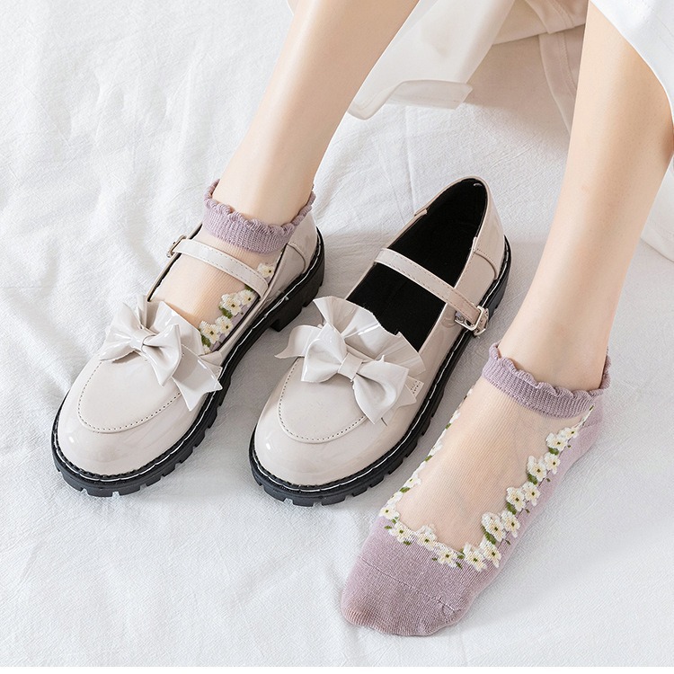 Picture of Floral Glass Silk Women's Summer Short Socks Japanese Style Cute Fresh Style ins Short Socks Cotton Bottom Sweat Absorbing Breathable Socks