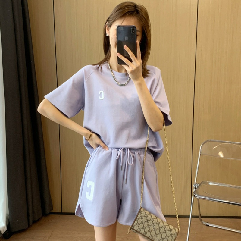 Original Quality Amazon Korean Style Women's Summer Loose Short-Sleeved T-Shirt Shorts Sports Embroidered Letters Casual Suit