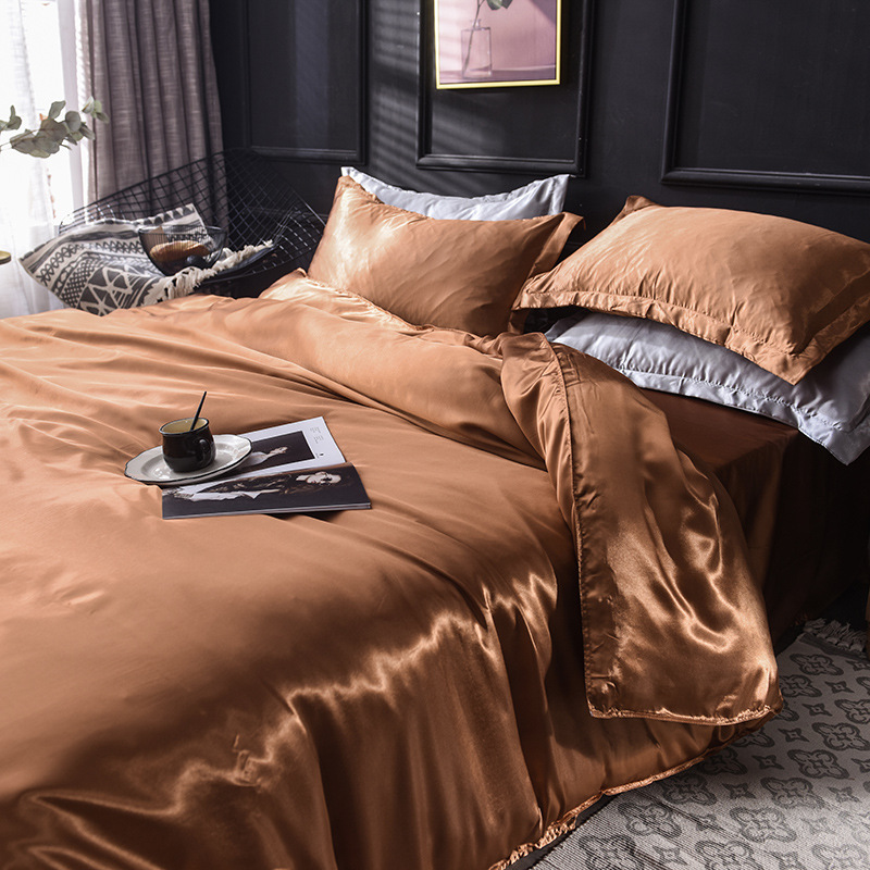 Picture of Summer solid color double-sided washed Ice Silk four-piece set silky color matching quilt cover sheets foreign trade cross-border bedding wholesale