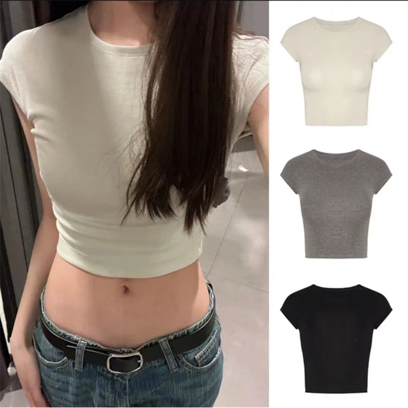 Skims European and American Sexy Figure-Showing Kardashian Elastic Tight Round Neck Short-Sleeved T-Shirt Spring & Fall Slimming Look Bottoming Top