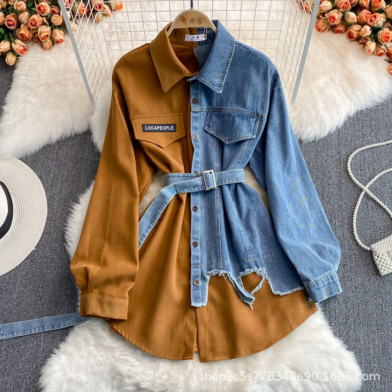 Picture of Cross-Border Denim Splicing Lapel Dress 2022 Spring and Autum New Style Waist Slimming Look Asymmetrical Mid-Length Shirt