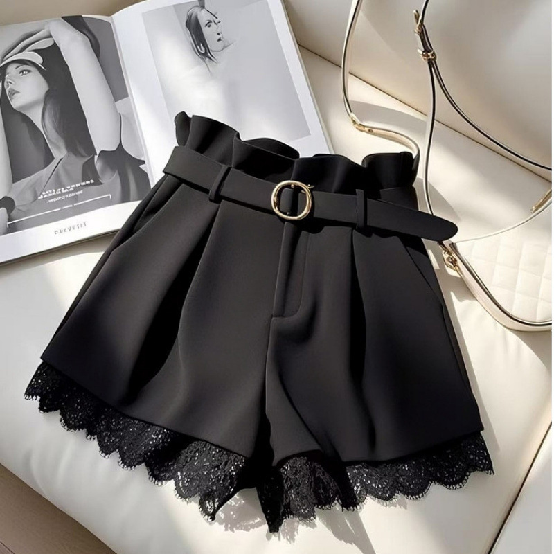 2025 Autumn Festival Trendy High-Waisted Slimming Versatile Casual Age-Reducing Lace Design Stylish Pear-Shaped Black Shorts