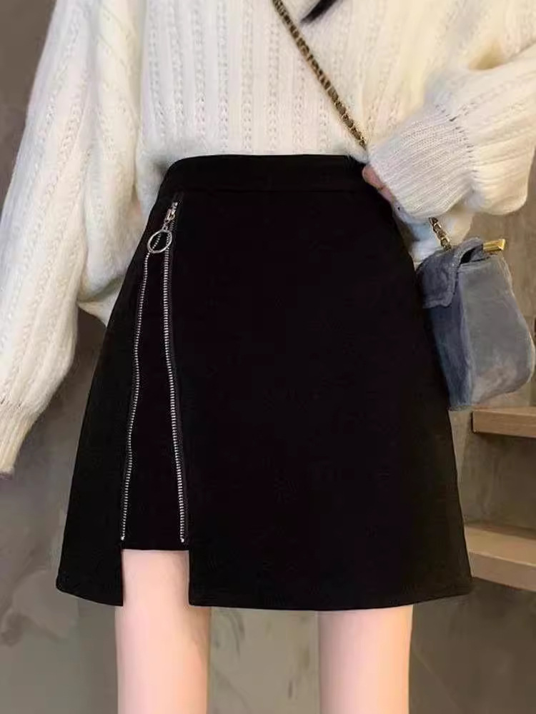 High Waist Hip Skirt Black Woolen Skirt Women's Autumn and Winter New Arrival Sweater A- Line Women's Skirt