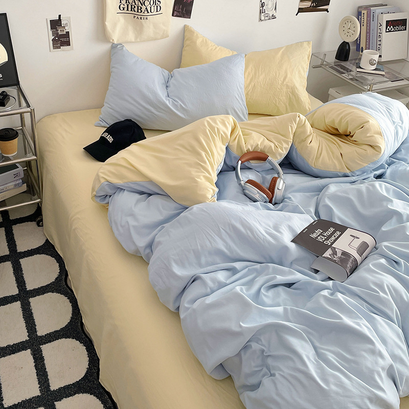 Washed cotton four-piece solid color bedding sheets quilt cover Japanese simple sanding dormitory three-piece wholesale