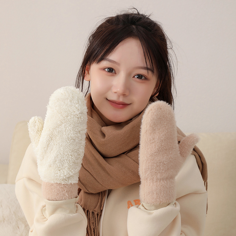 Winter warm thickened mink fur gloves Korean style women's plush autumn gloves cold-proof solid color knitted gloves