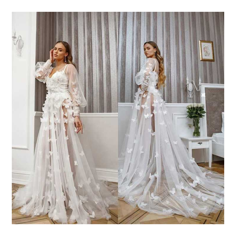 Foreign trade hot sale three-dimensional lace butterfly mesh high waist long sleeve mopping floor V-Neck Wedding dress bridesmaid catwalk dress