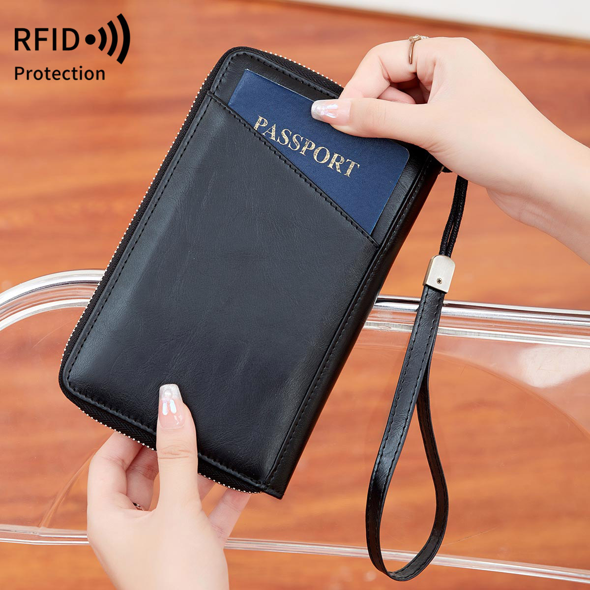 Picture of RFID Long Zipper Passport Bag Cross-border Multi-function Travel Document Air Ticket Storage Holder Large Capacity Passport Wallet