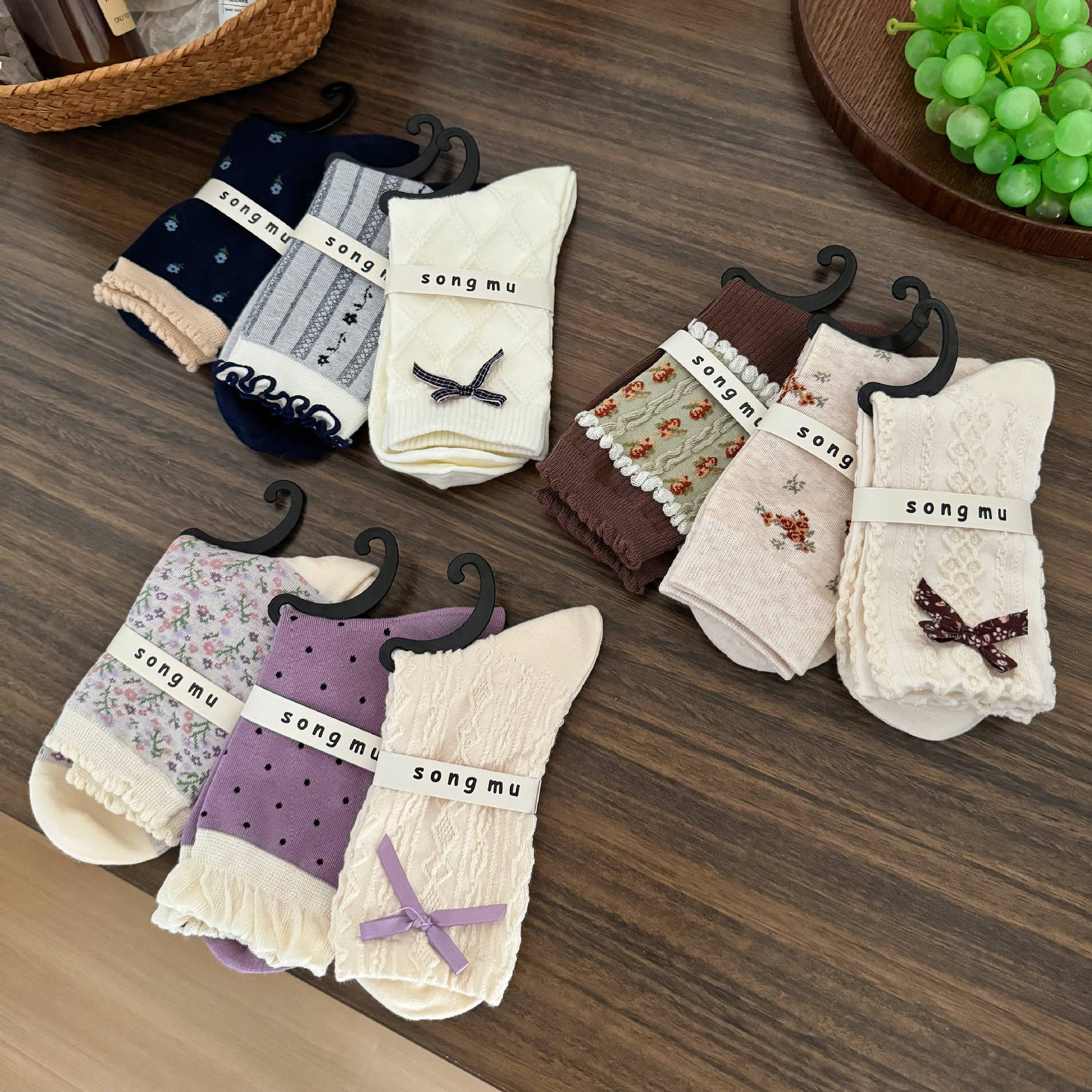 Songmu Designer Model“Bow Socks Women's Mid-Calf Socks Spring and Summer New Niche Original Korean Style Pile Socks