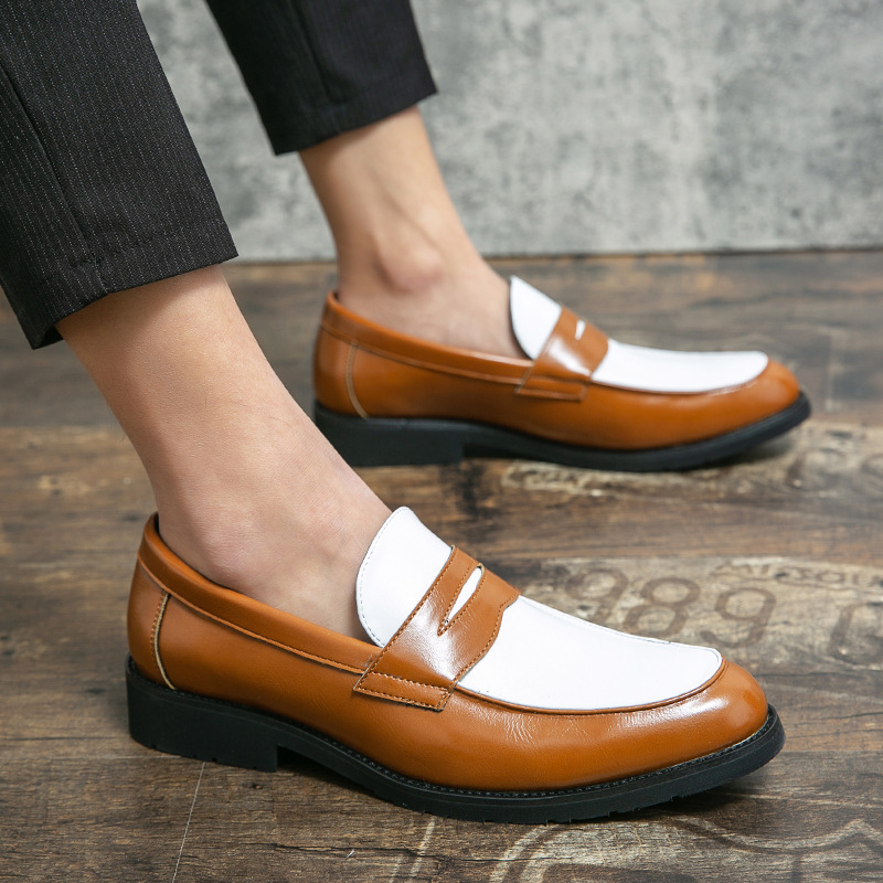 Spring New Men's Low-top Trendy Leather Shoes Cross-border 46 plus size Black and White Color-block Leather Shoes Men's Slip-on Loafers