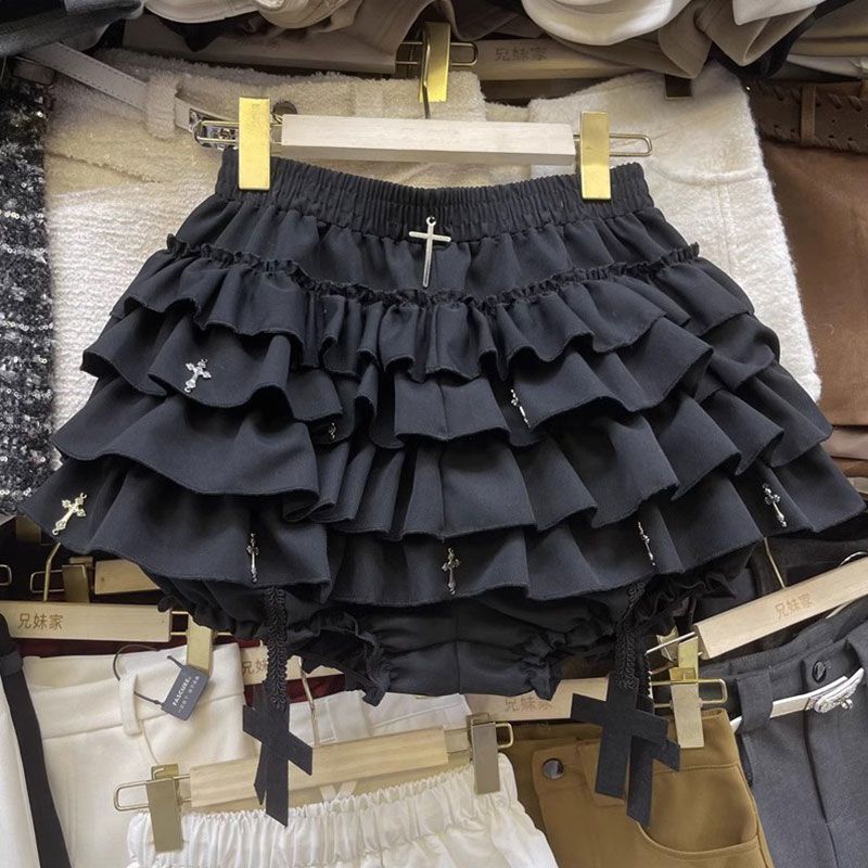 Black Punk Hottie Skirt, Dark Cross Design Short Skirt, Cake Tutu Skirt, Anti-Exposure Slimming Look Skirt