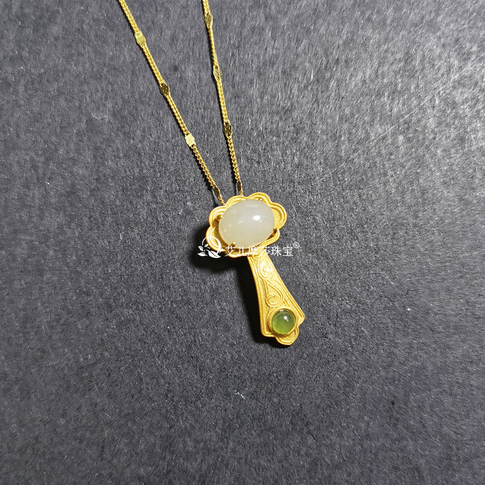 Elle Mosha Jewelry Retro Guofeng S925 Gold Plated Jade Ruyi Pendant Necklace Live Wholesale Supply