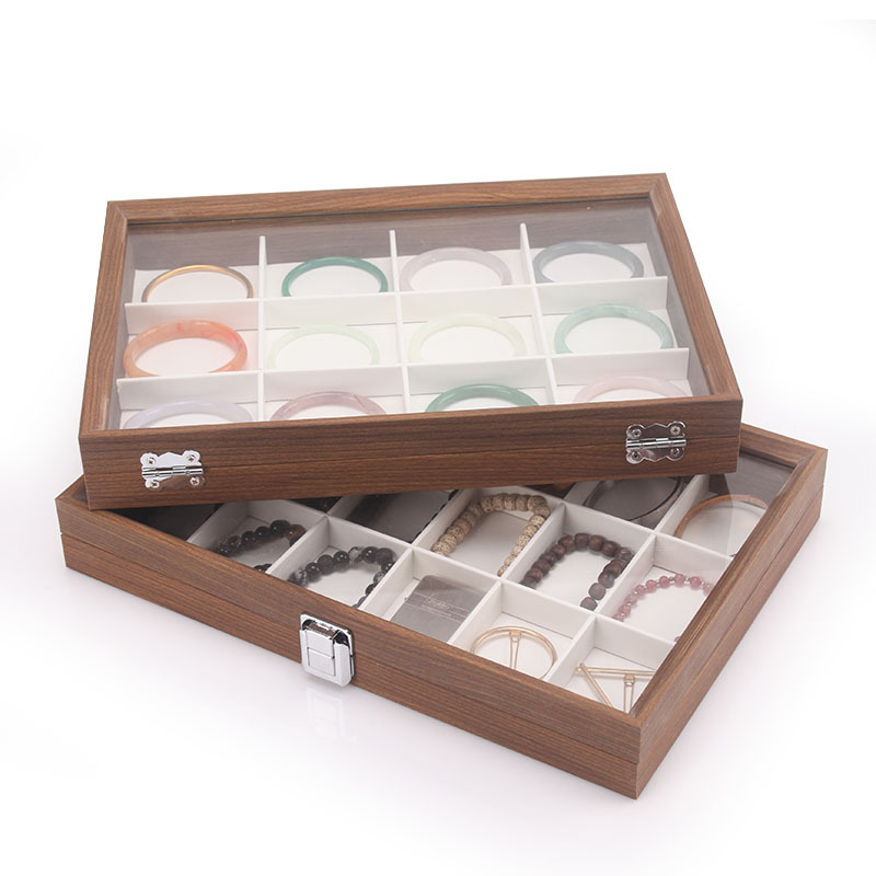 Picture of Fashion walnut grain white leather jewelry box with lid dustproof earrings earrings earrings storage box ring necklace bracelet tray