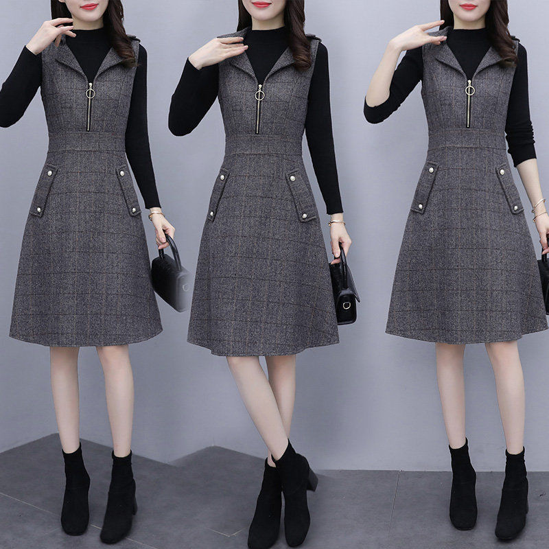 Picture of Single Piece/suit Vest Dress Women's Autumn and Winter Wool Plaid Sleeveless dress Outer Wear Slimming Mid-length A- line Dress