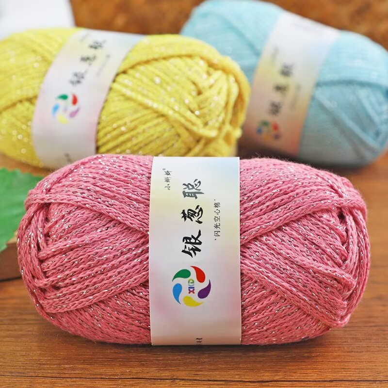Silver Hollow Cotton Yarn for Crochet Bags DIY Handmade Crochet Bags Coasters Glitter Fancy Yarn Mesh Yarn