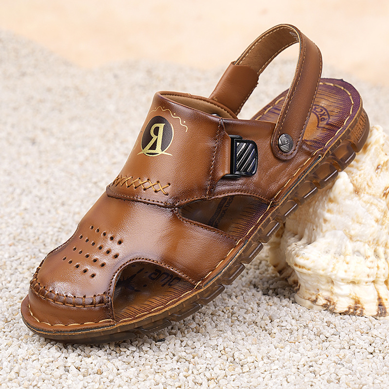 Men's Shoes Summer Head Layer Cowhide Baotou Sandals Men's Soft Leather Casual Outer Wear Sandals and Slippers Beach Shoes Men's Beef Sole