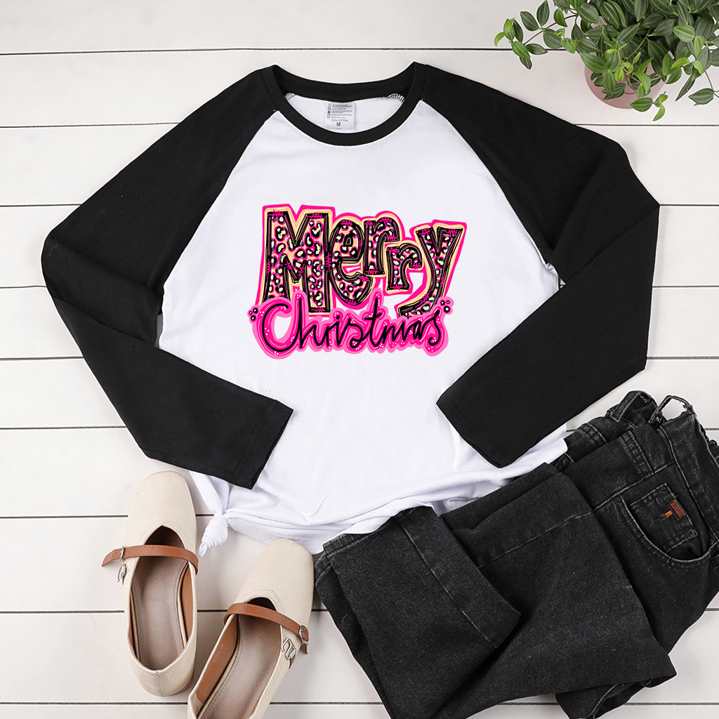 2021 new European and American fashion raglan long sleeve Christmas English letters personality round neck pullover long T-shirt winter clothing