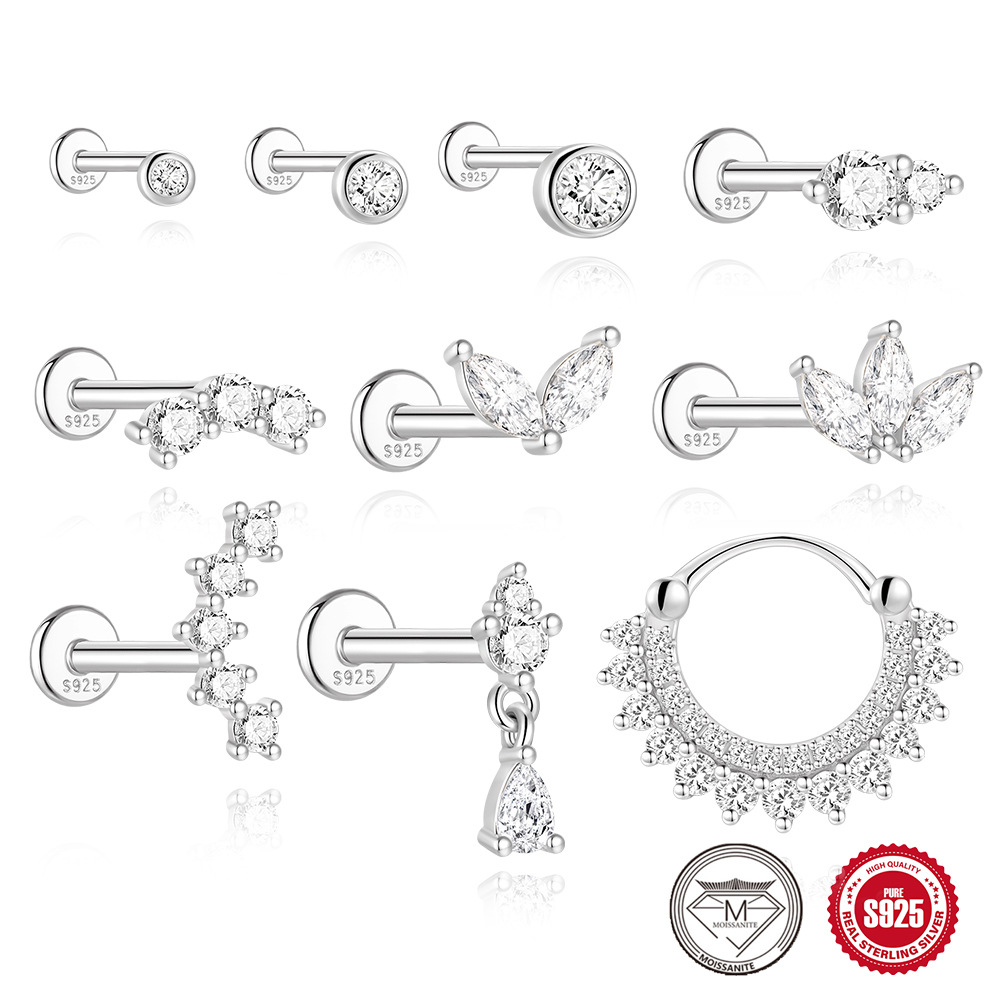 New S925 Sterling Silver Moissanite Classic Bezel Round Piercing Threaded Earrings for Daily Matchinging Ear Bone Rings