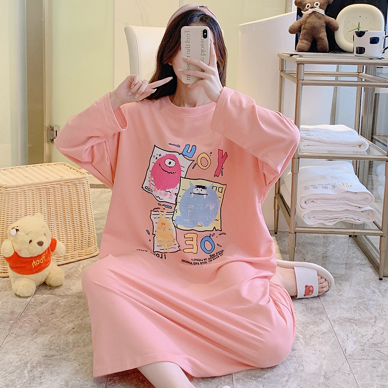 Pajamas ladies spring and autumn cute ins long sleeve long nightgown plus fat plus fat MM300 kg can wear home clothes