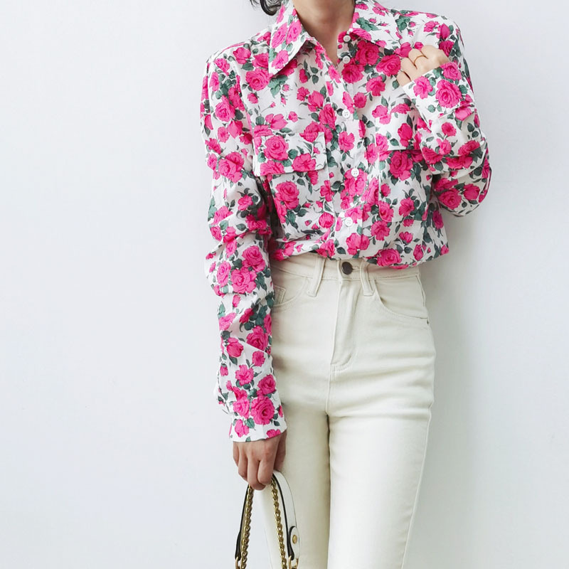 Clearance Vintage Elegant Caroline Rose Printed High-count Cotton Long-sleeved Shirt Women's Double Pocket Mid-length Shirt
