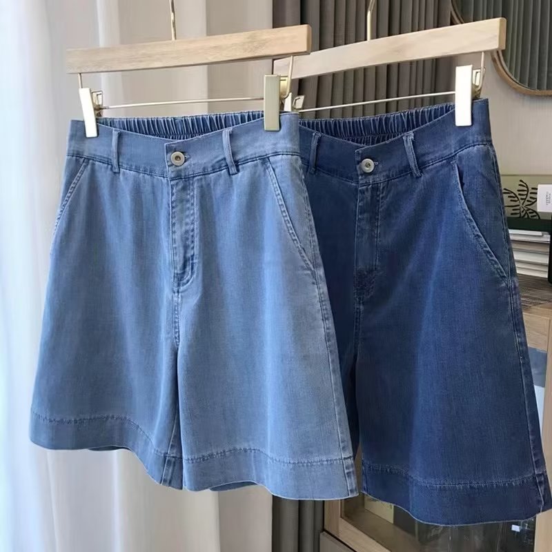 Hong Kong Style Vintage Slimming Cool Semi-elastic High Waist Pear Shape Tencel Five-point Denim Shorts Large Size Women's Summer