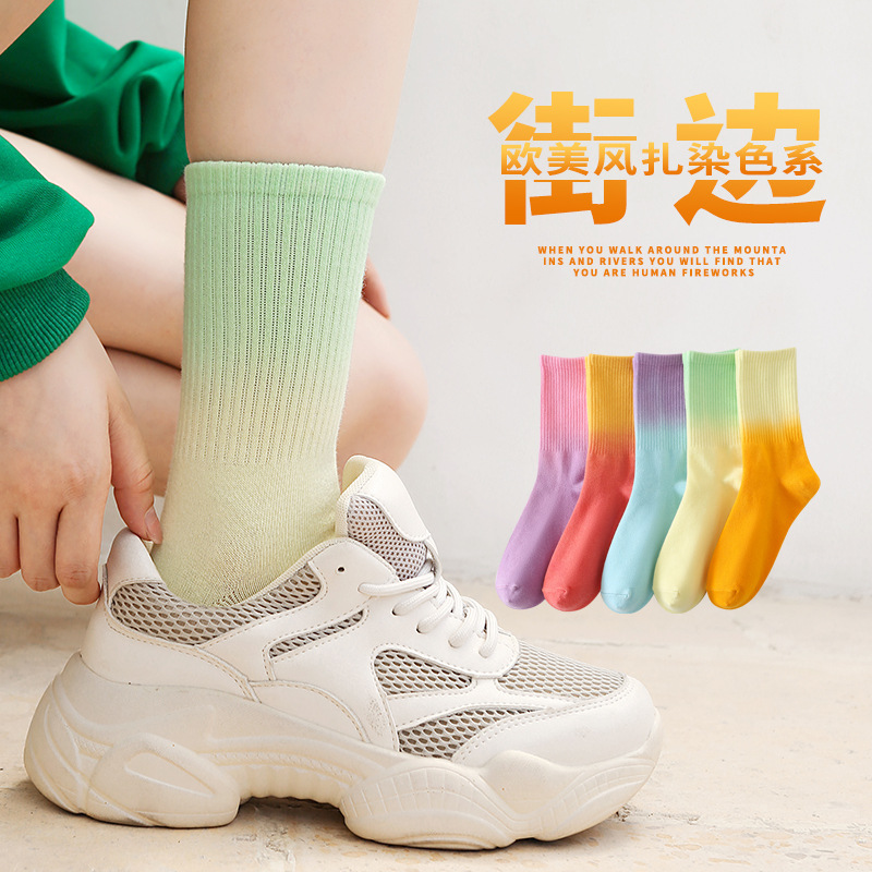 Women's socks autumn pure cotton deodorant autumn mid-calf Zhuji candy color tie-dyed tide socks wholesale source factory cotton socks