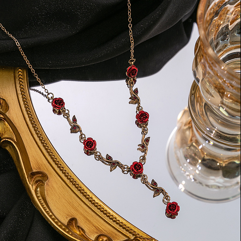 Picture of French Girl Mori Rose Earrings Vintage Romantic Red Flower Bracelet Niche Design Sense Necklace suit