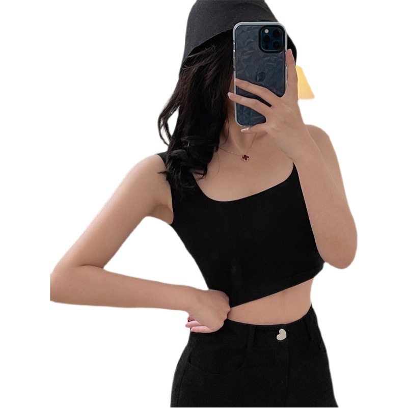 2025 Cotton European and American Ins Street Style Square Collar Exposed Collarbone Camisole Women's Pure Color Wide Shoulder Strap Bottoming Shirt