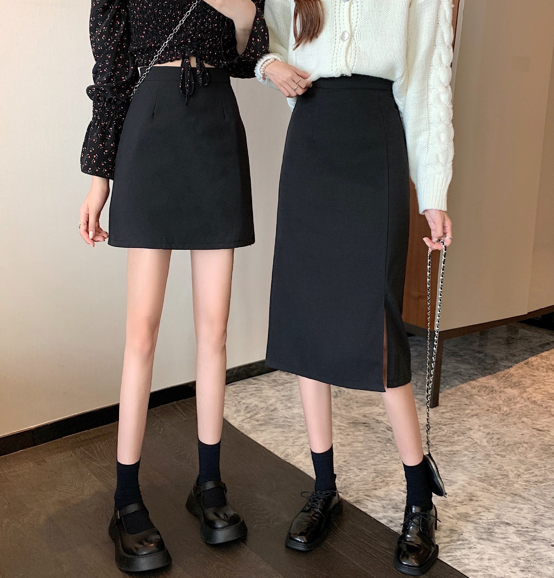 Women's Skirt Autumn 2022 New High Waist plus size chubby girl Split Mid-length A- line Skirt Black Hip Skirt Trendy