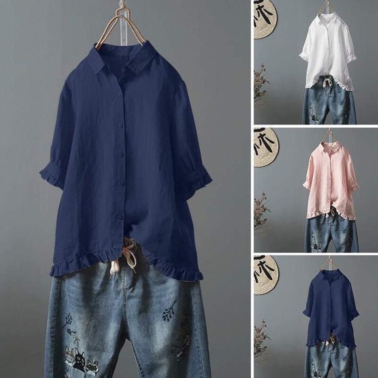 2020 Summer New Casual Single-Breasted Ruffled Short-Sleeved Shirt Cotton and Linen for Women
